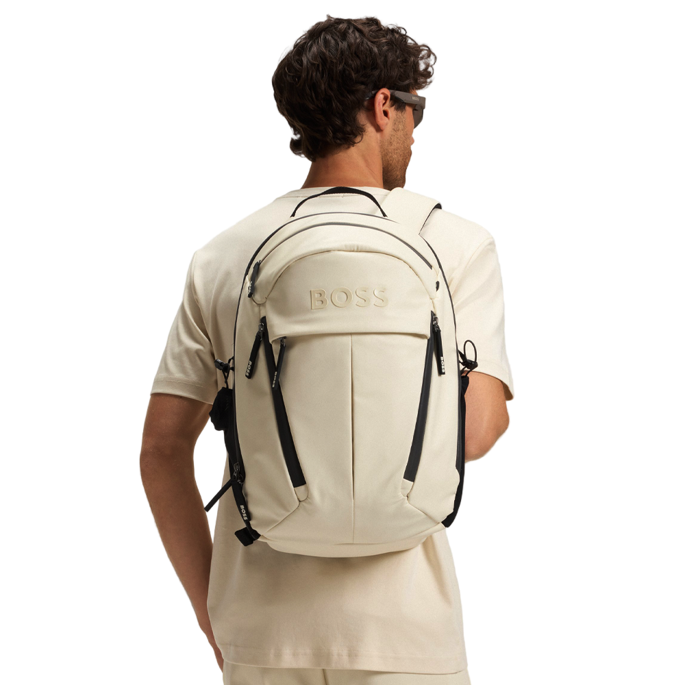 Faux-leather backpack with logo detail.