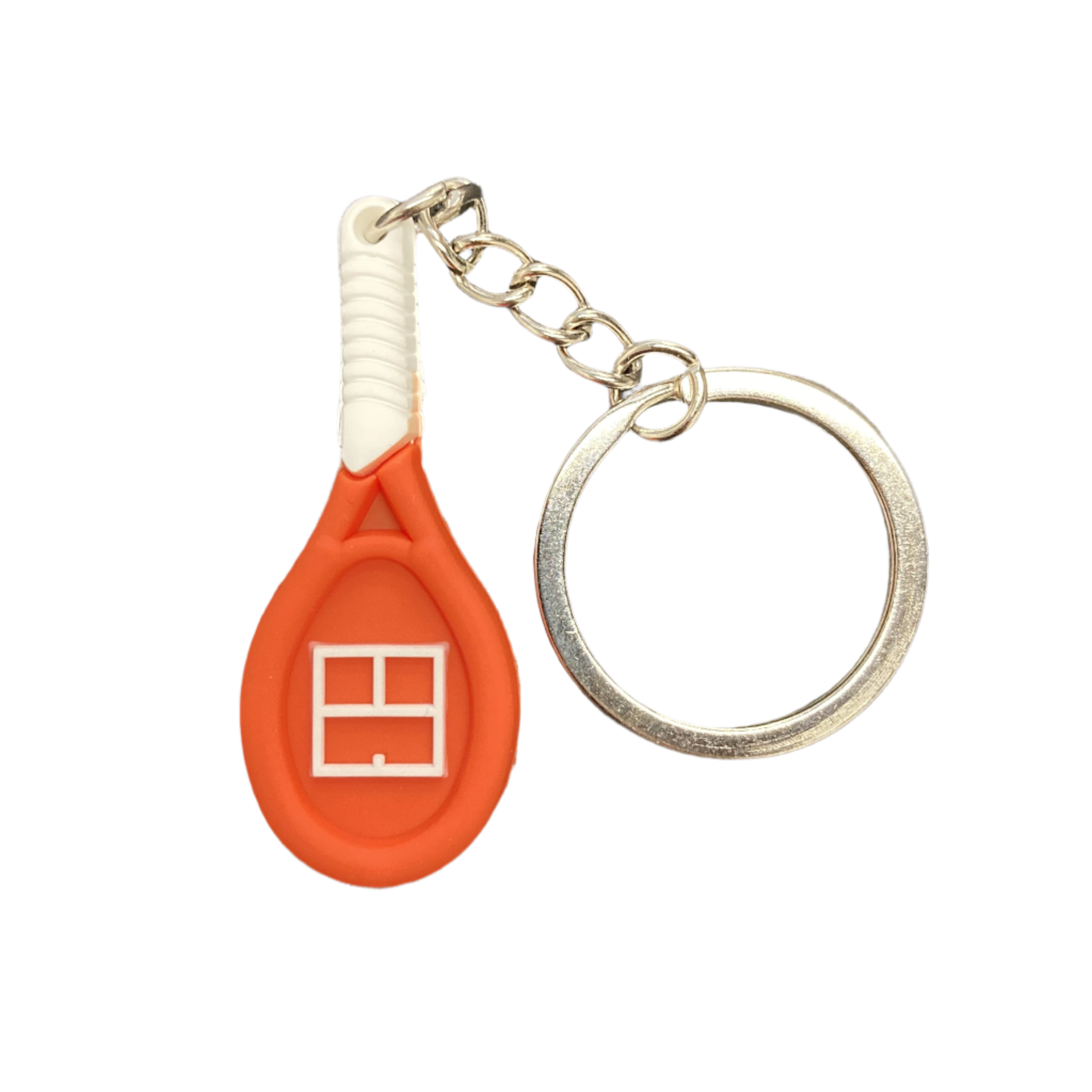 Keychain with orange paddle-shaped key fob and silver ring on a dark background
