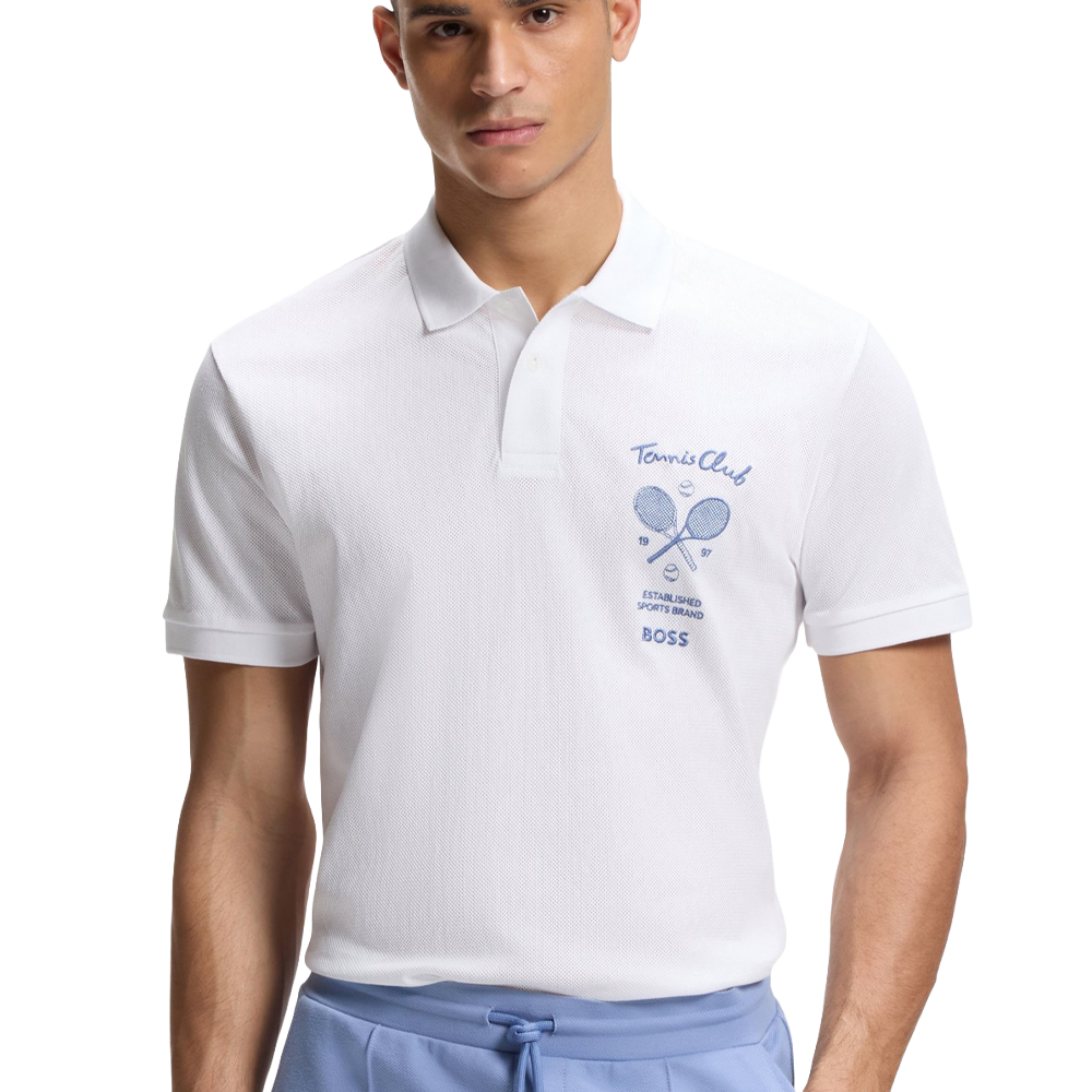 Cotton mesh polo shirt with embroidered artistic design.